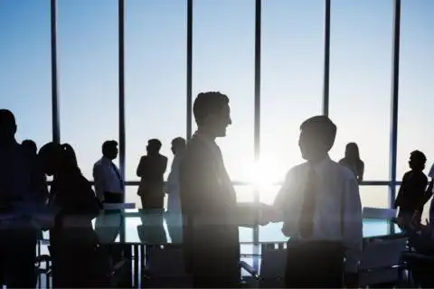 Business professionals shaking hands in a modern office with large windows.