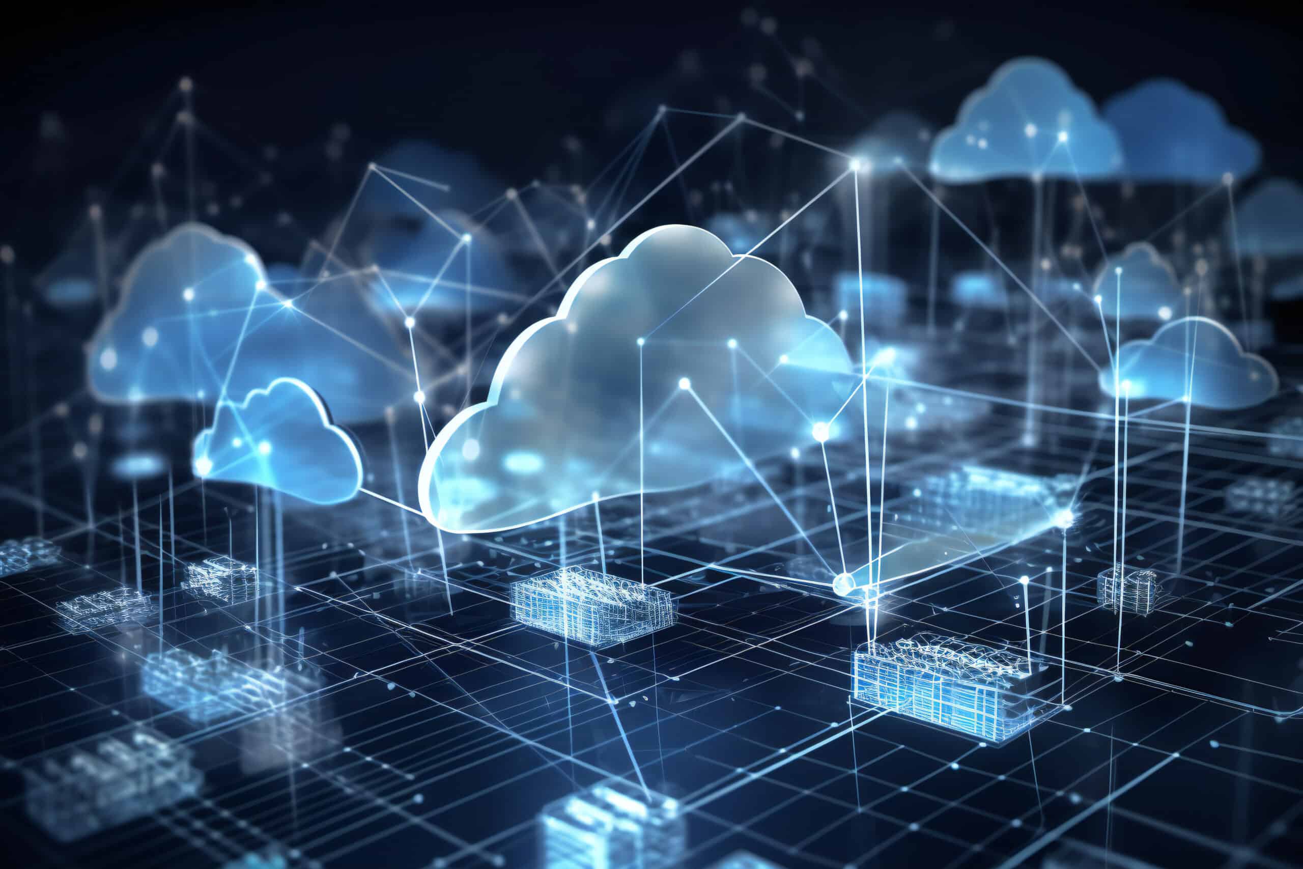 Cloud Data Sharing with Azure Services | i3solutions Azure cloud data sharing network with interconnected clouds and data nodes.