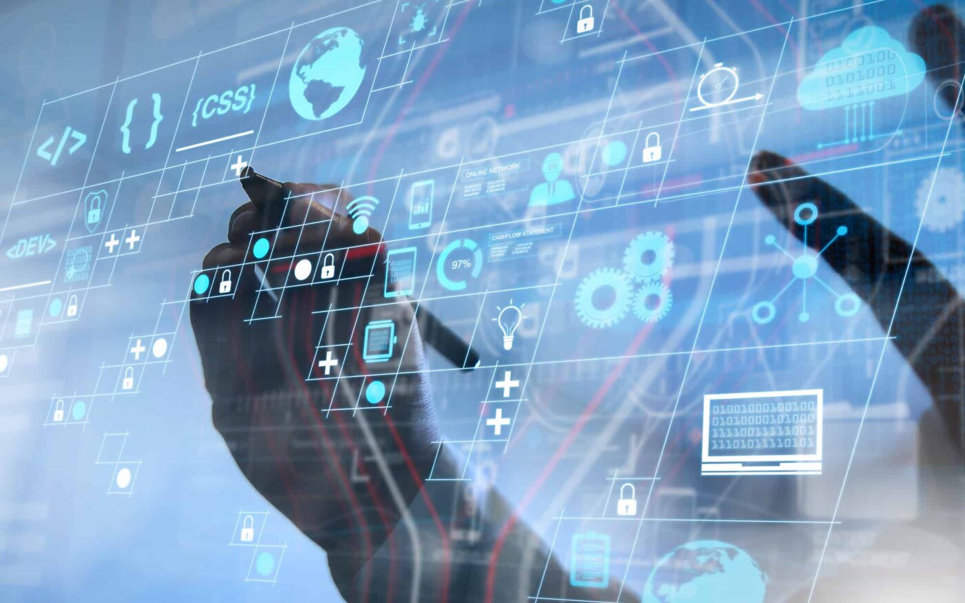 Side view of a persons hand interacting with floating cybersecurity graphics