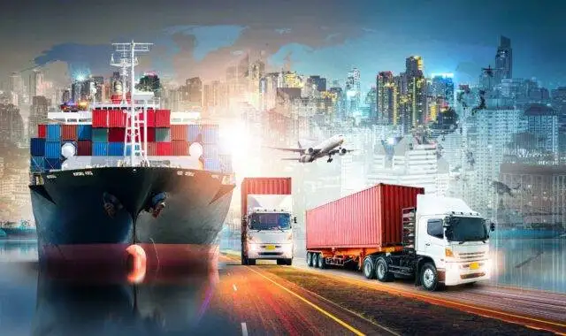 Container Shipping and Logistics Solutions Modern logistics with container ships, trucks, and air freight in a bustling cityscape.