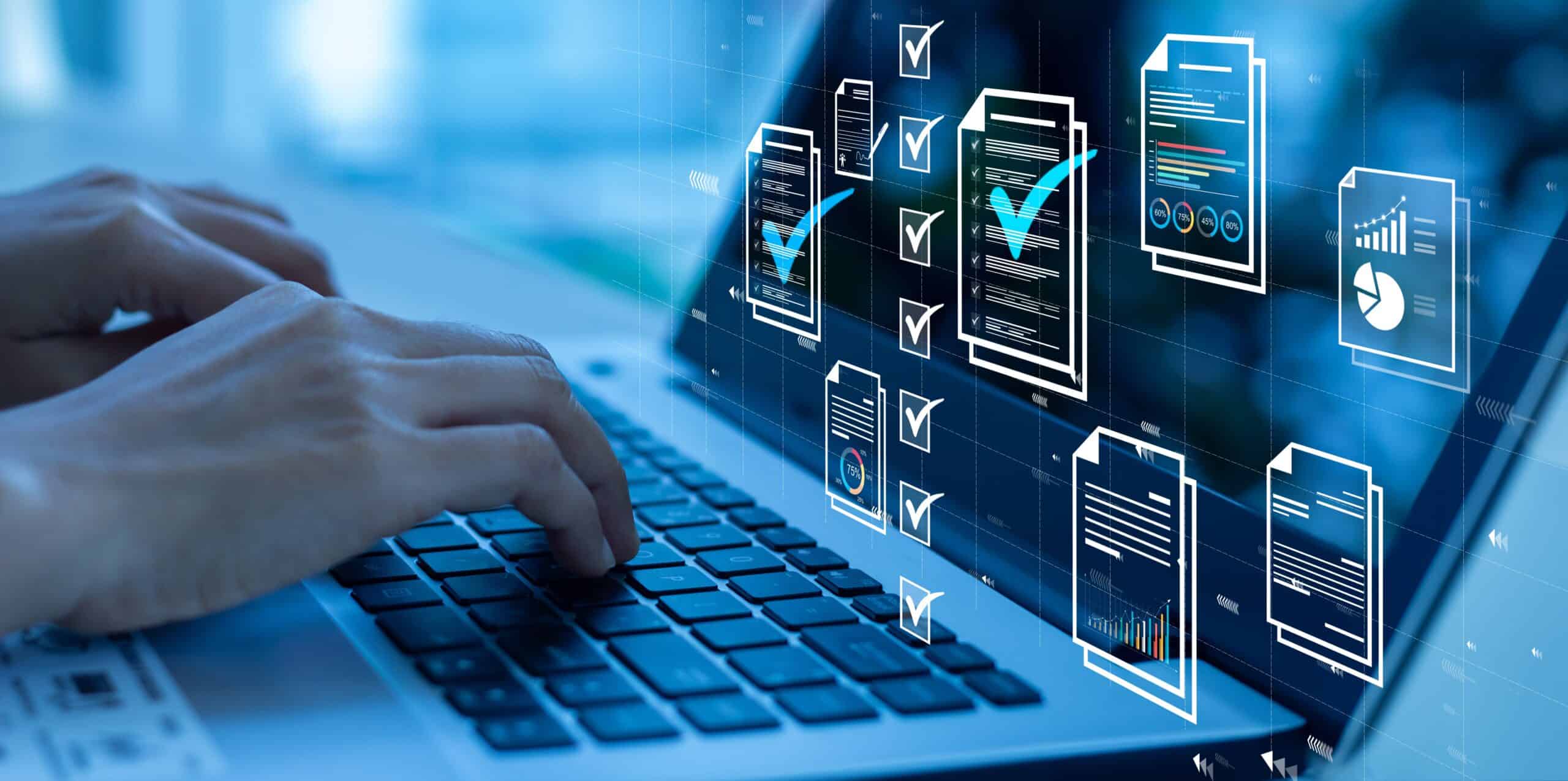 Optimizing IT Systems Analysis | i3solutions Digital interface with checklists and data charts for IT systems analysis.