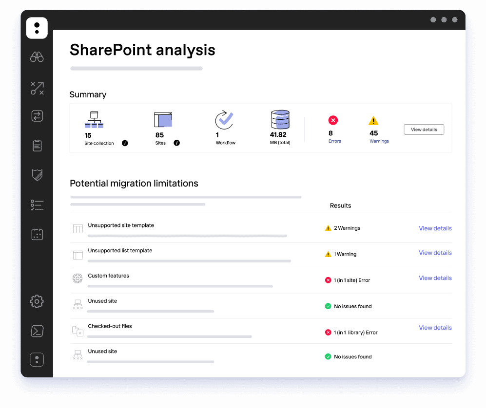 Cloud Migration SharePoint Analysis for Business Continuity | i3solutions SharePoint cloud migration analysis dashboard with error and warning indicators.