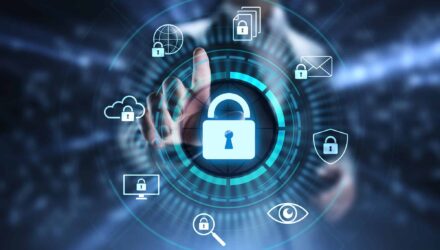 Cybersecurity in IT Modernization | i3solutions Digital security icons with a central lock symbol representing cybersecurity challenges.