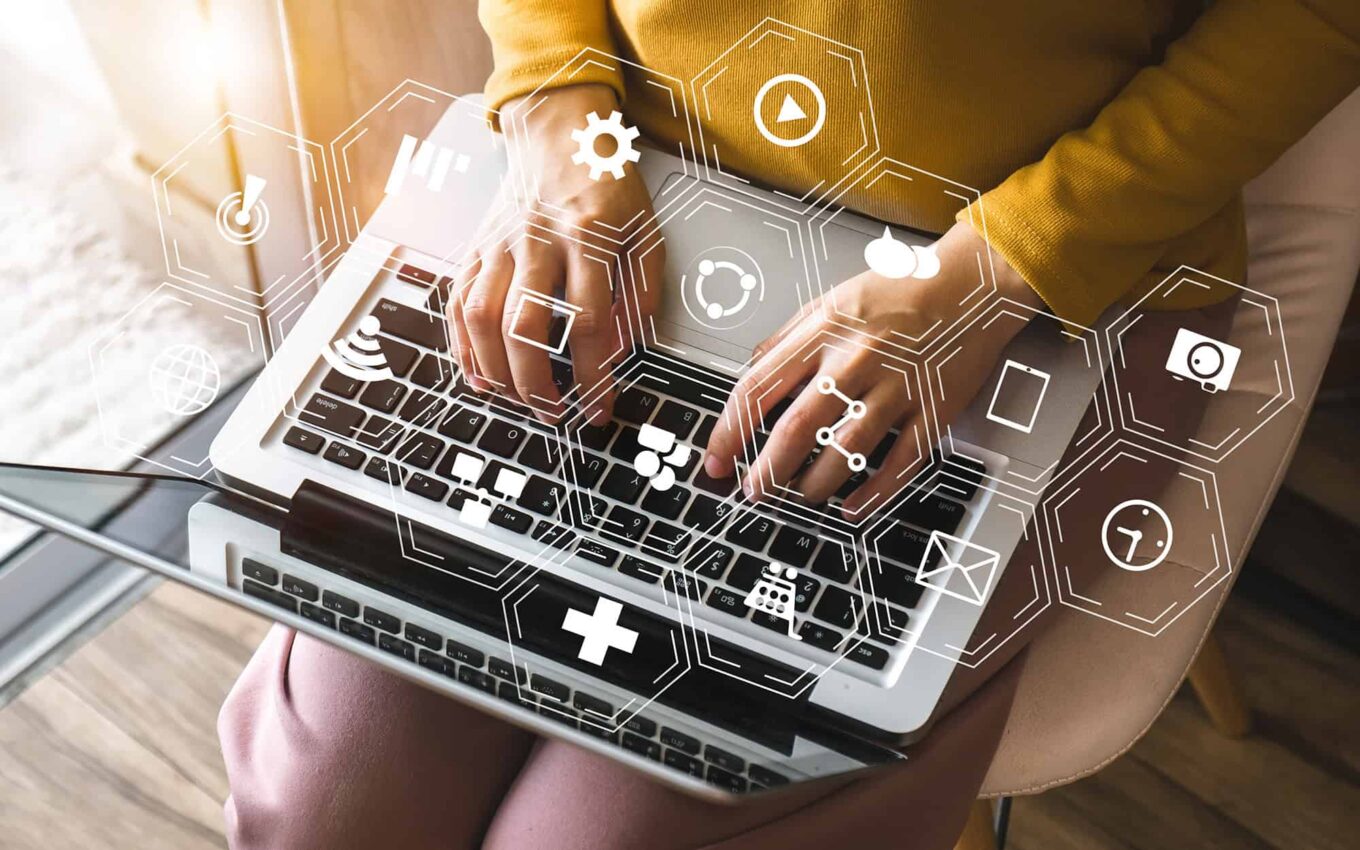 Coding software developer work with augmented reality dashboard computer icons