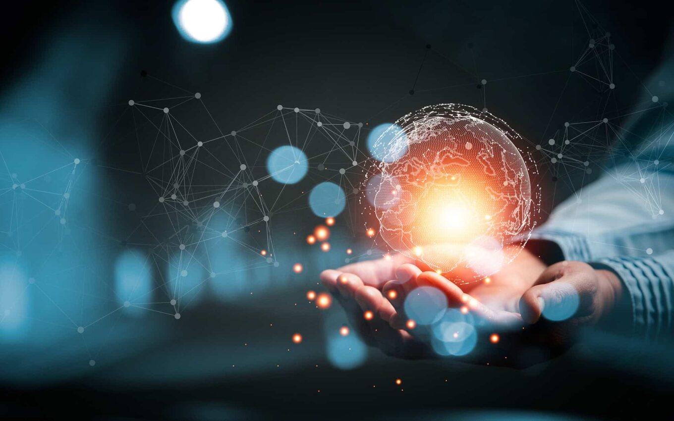 woman Hand holding Light bulb Global Internet connection