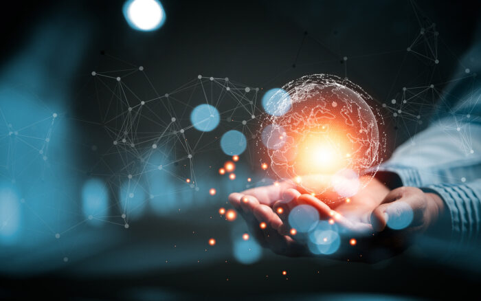 woman Hand holding Light bulb Global Internet connection