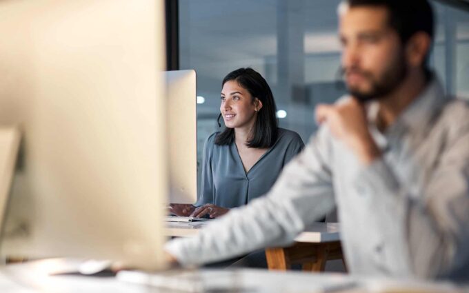 Call center woman and working at computer for customer service