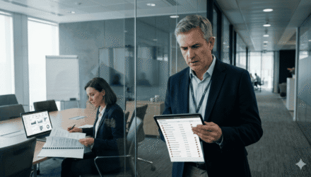 Business professionals reviewing data governance and compliance on digital devices in a modern offic.