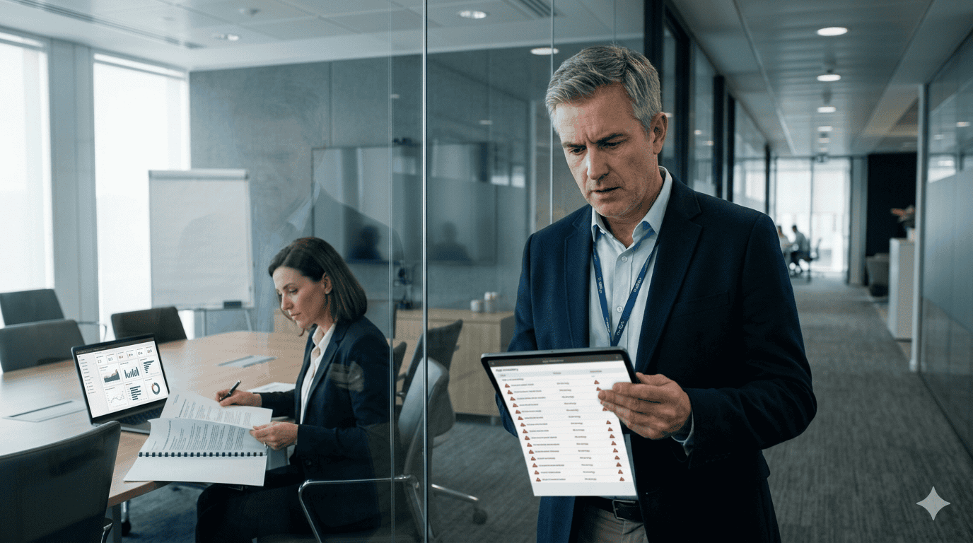 Data Governance and Compliance in Action | i3solutions Business professionals reviewing data governance and compliance on digital devices in a modern offic.