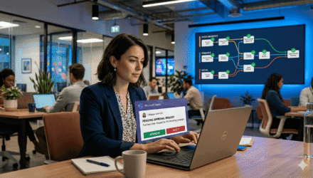 Approval Workflow Automation for Enterprises | i3solutions Businesswoman managing approval workflows on laptop in modern office.