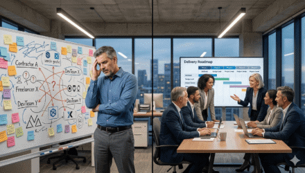 Dedicated Microsoft Teams vs Traditional IT Staffing | i3solutions Business meeting comparing Microsoft Teams and traditional IT staffing solutions.