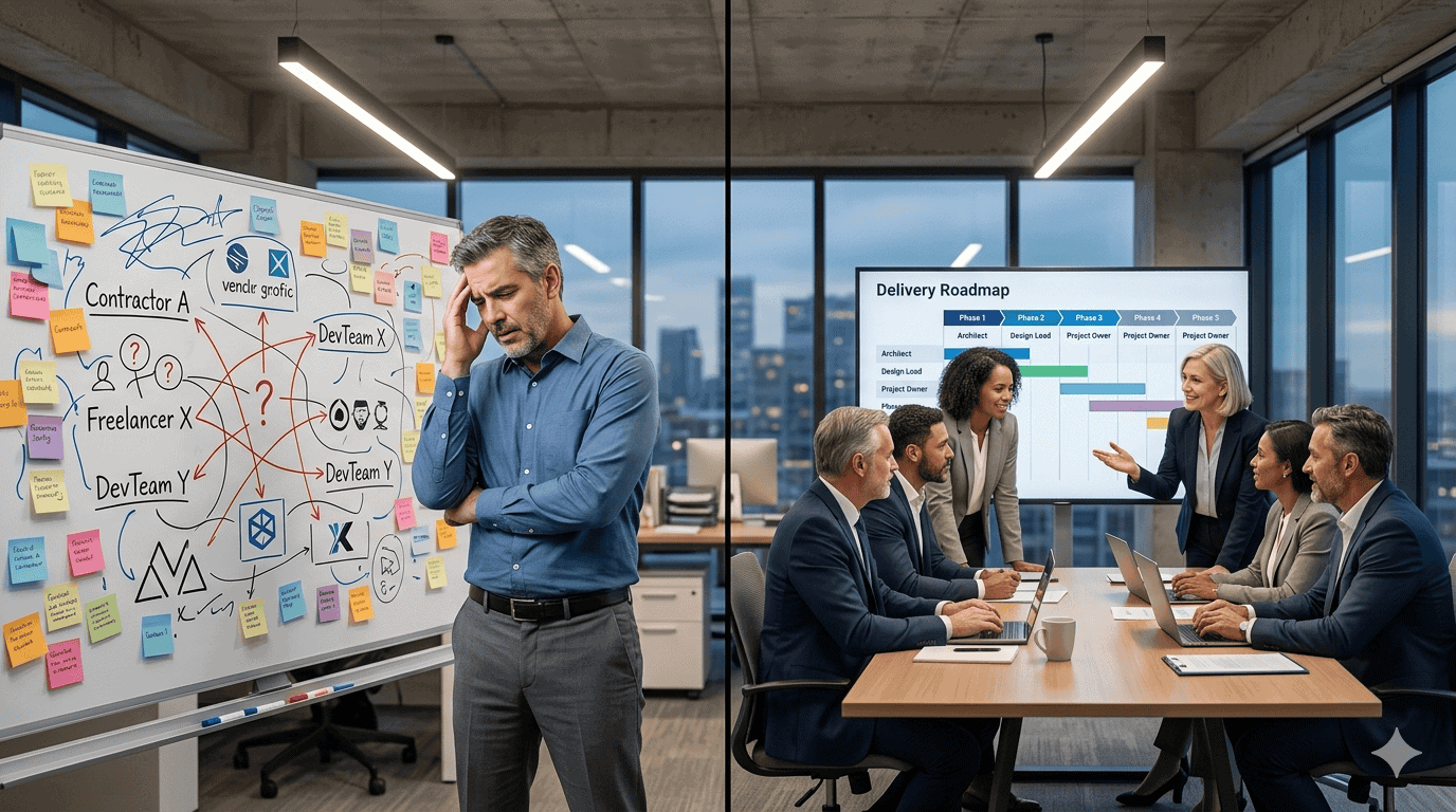Dedicated Microsoft Teams vs Traditional IT Staffing | i3solutions Business meeting comparing Microsoft Teams and traditional IT staffing solutions.
