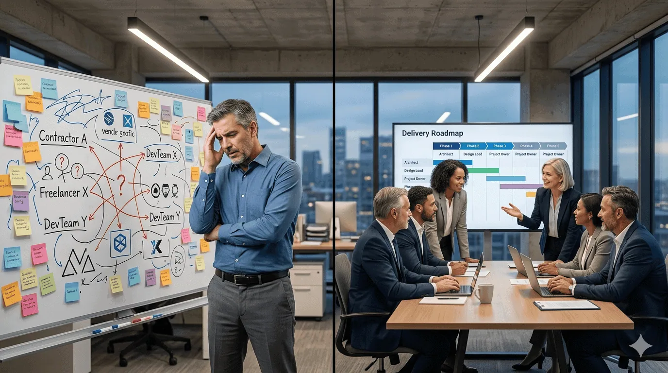 Dedicated Microsoft Teams vs Traditional IT Staffing | i3solutions Business meeting comparing Microsoft Teams and traditional IT staffing solutions.