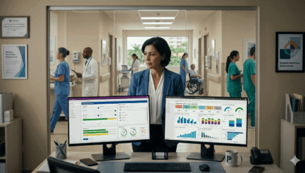 Healthcare professional analyzing data on dual monitors in hospital setting.