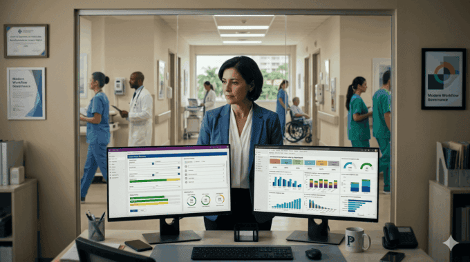 Healthcare professional analyzing data on dual monitors in hospital setting.