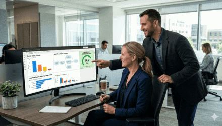 Healthcare professionals using Power BI and Azure for revenue cycle management.