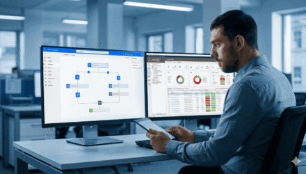 Business professional analyzing automation tools on dual monitors.
