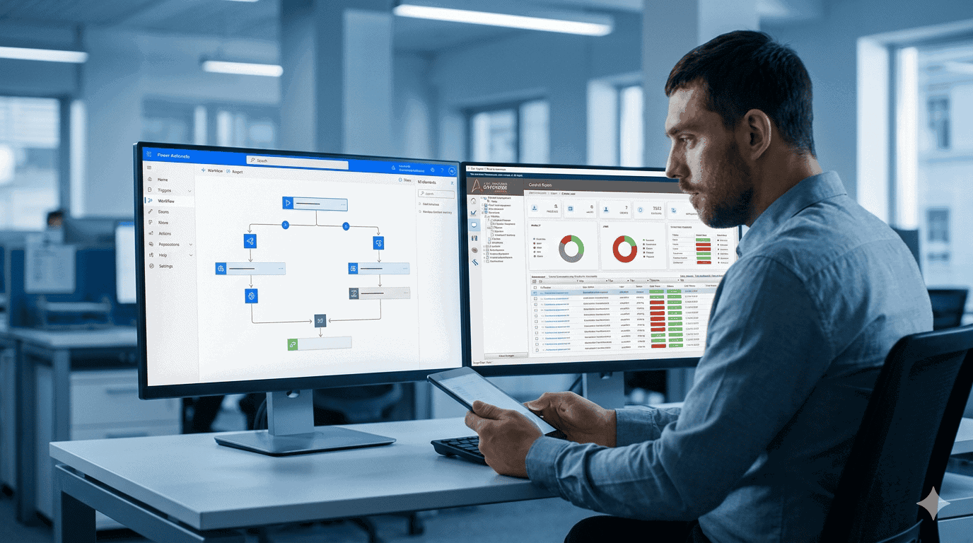 Power Automate vs RPA: Enterprise IT Decision | i3solutions Business professional analyzing automation tools on dual monitors.