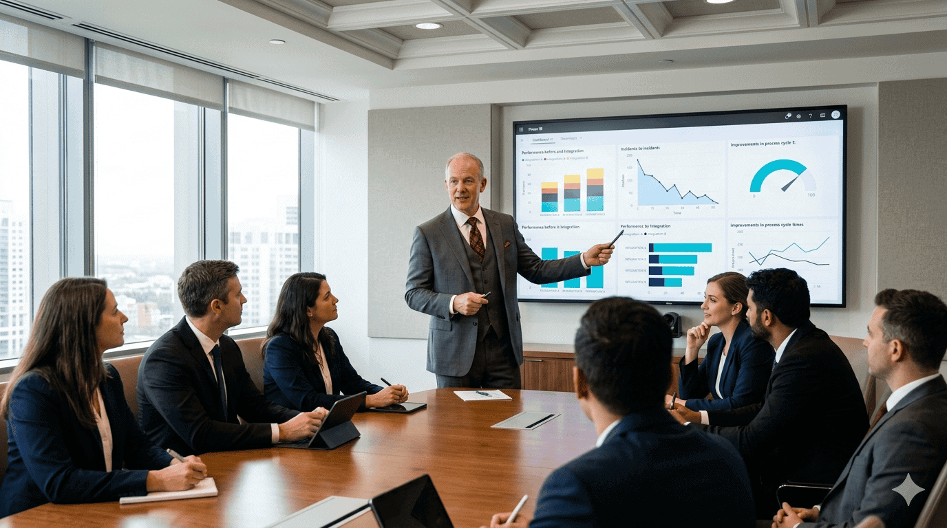 Microsoft System Integration ROI | i3solutions Business meeting on system integration ROI with data charts and analytics.