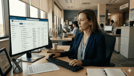 SharePoint Financial Policy Implementation at Nonprofit Hospitals | i3solutions Woman working on SharePoint financial assistance policy on computer in office.