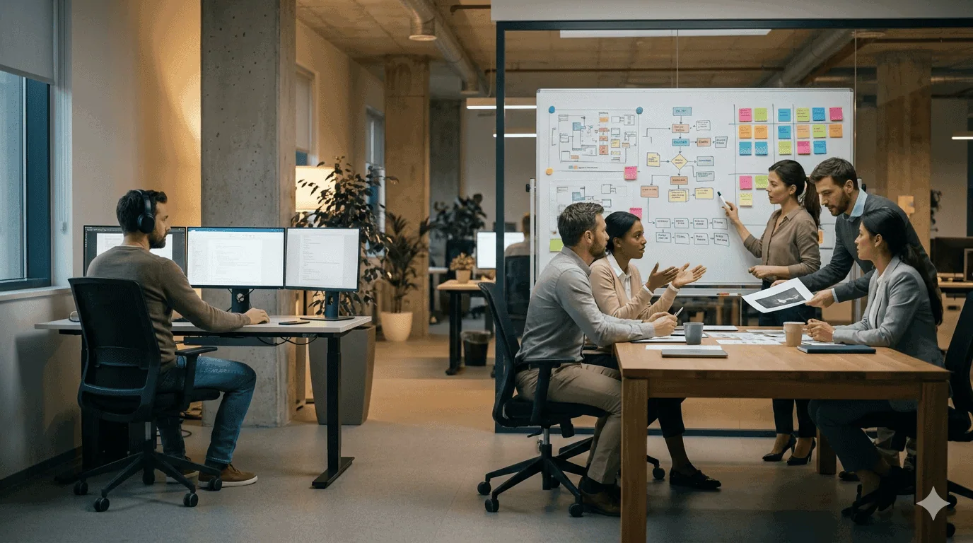 Agile Teams vs Contractors for Microsoft Projects | i3solutions Business team collaborating on project planning with Agile Pods and contractors.