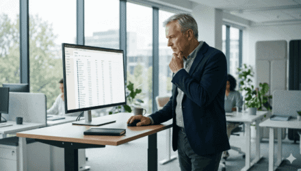 Business professional analyzing Power Platform app data in modern office.