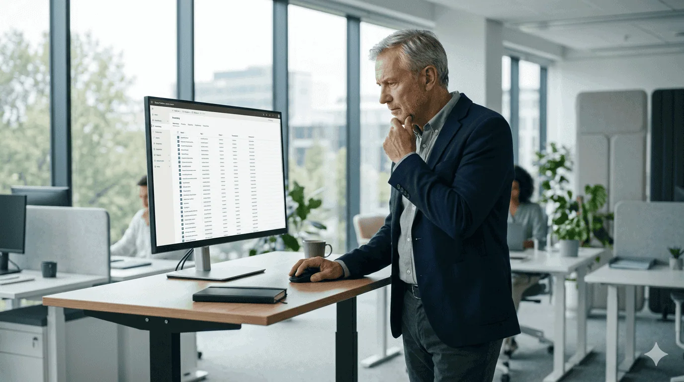 Power Platform App Governance | i3solutions Business professional analyzing Power Platform app data in modern office.
