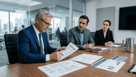 Business professionals discussing IT strategies in a modern conference room.