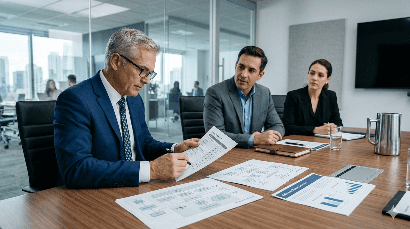 Strategic IT Consulting Meeting | i3solutions Business professionals discussing IT strategies in a modern conference room.