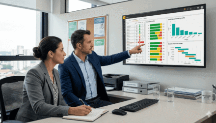 Data Analytics for Healthcare IT | i3solutions Business professionals analyzing healthcare data on a large screen in an office.