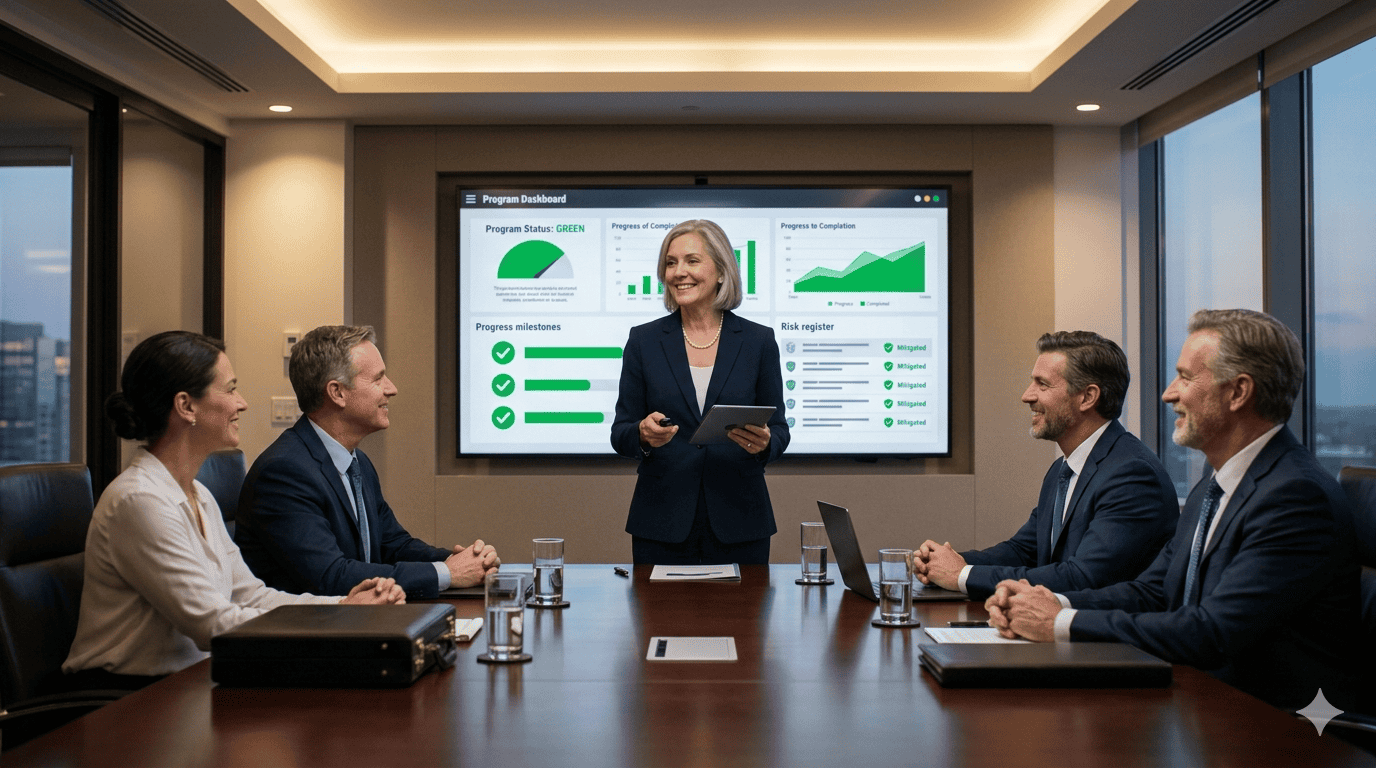Microsoft Strategy Meeting for Risk Management | i3solutions Business meeting with professionals discussing risk strategies in a conference room.