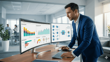Healthcare professional analyzing data on dual monitors for modernization.