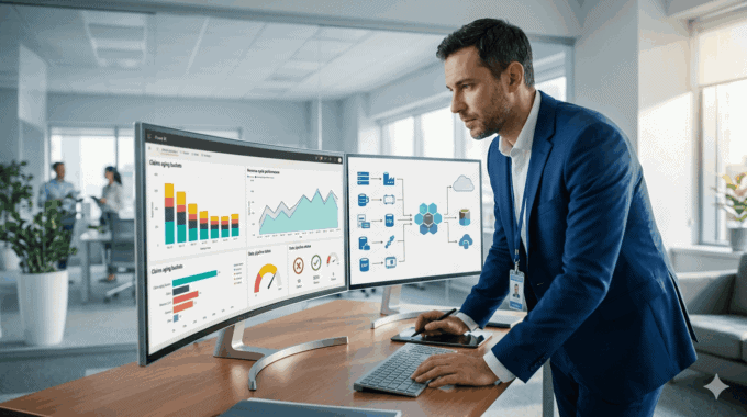 Healthcare professional analyzing data on dual monitors for modernization.