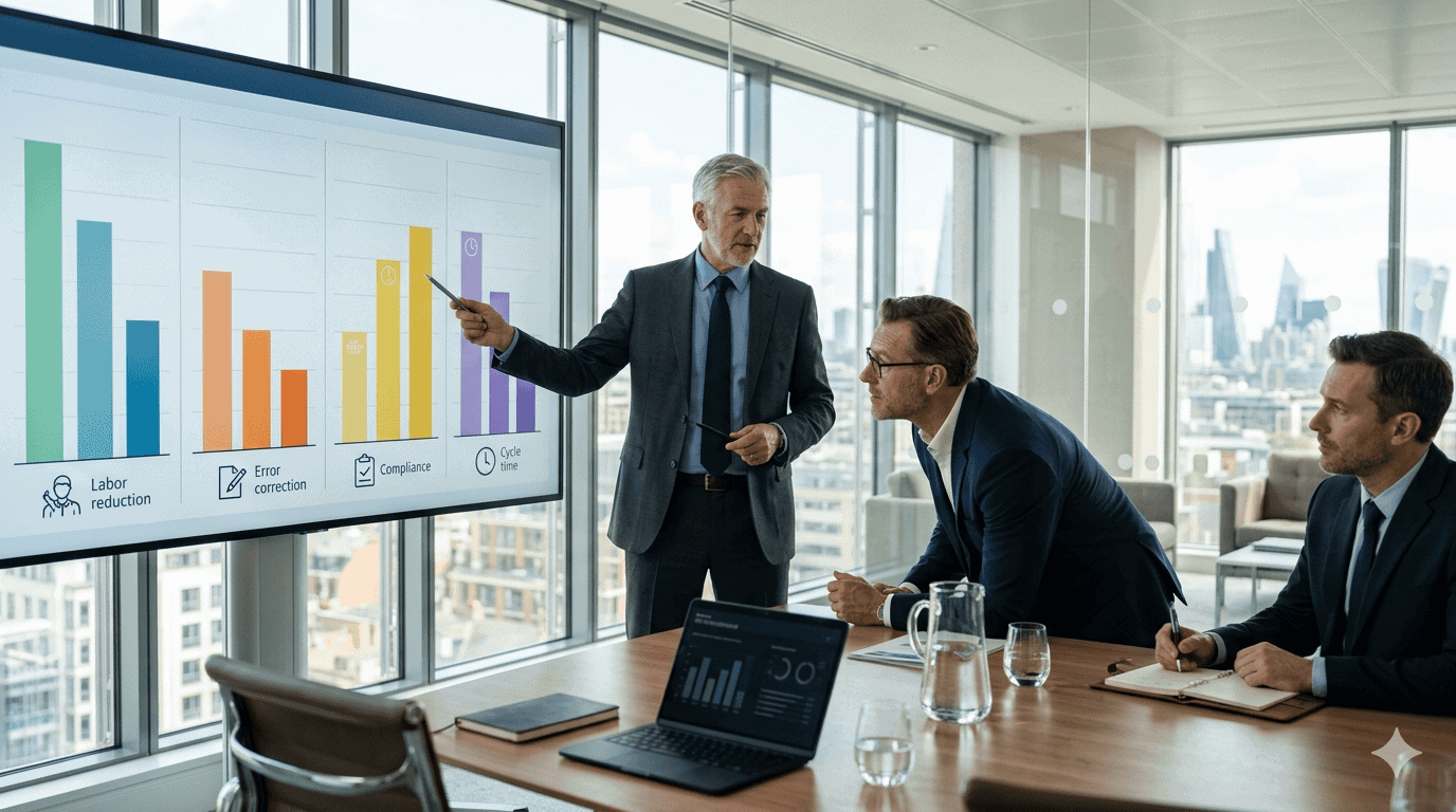 Workflow Automation ROI Insights | i3solutions Business team analyzing workflow automation ROI in a modern office setting.