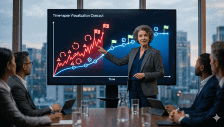 Businesswoman presenting governance and speed strategies for Microsoft modernization.