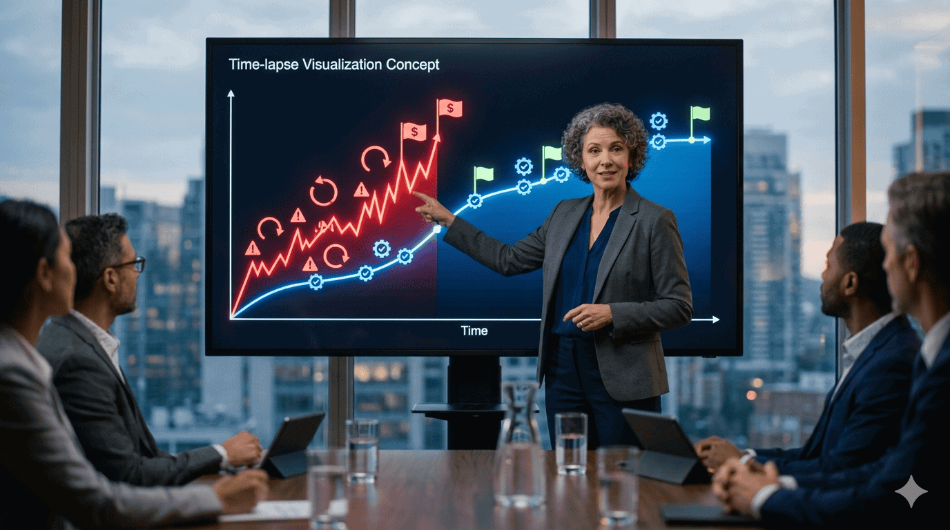 Businesswoman presenting governance and speed strategies for Microsoft modernization.