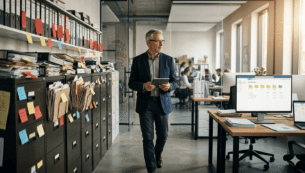 Governance-First SharePoint Modernization for Regulated Enterprises | i3solutions Business professional reviewing SharePoint files in modern office setting.