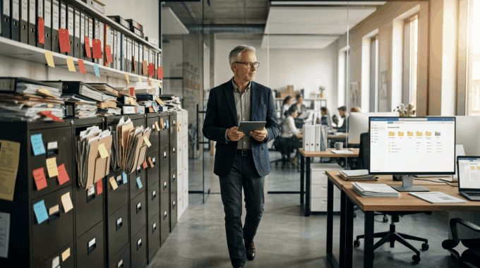 Business professional reviewing SharePoint files in modern office setting.
