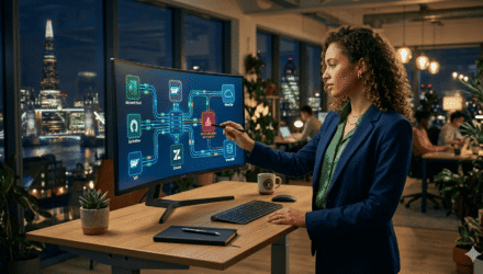 Businesswoman managing automated workflows on a large digital screen in a modern office.