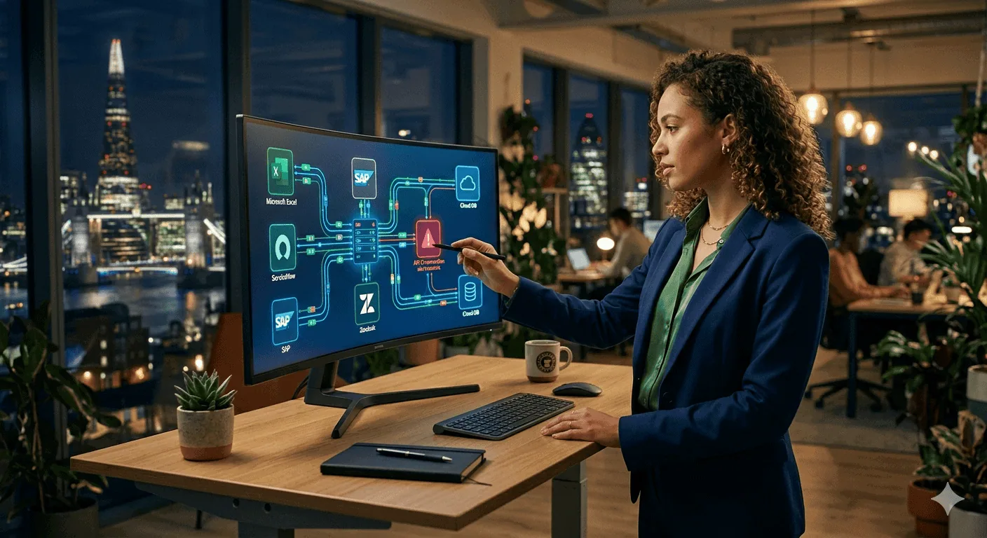 Streamlining Business Workflows with SharePoint and ERP | i3solutions Businesswoman managing automated workflows on a large digital screen in a modern office.