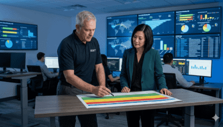 Team discussing data security and risk management strategies in a high-tech control room.