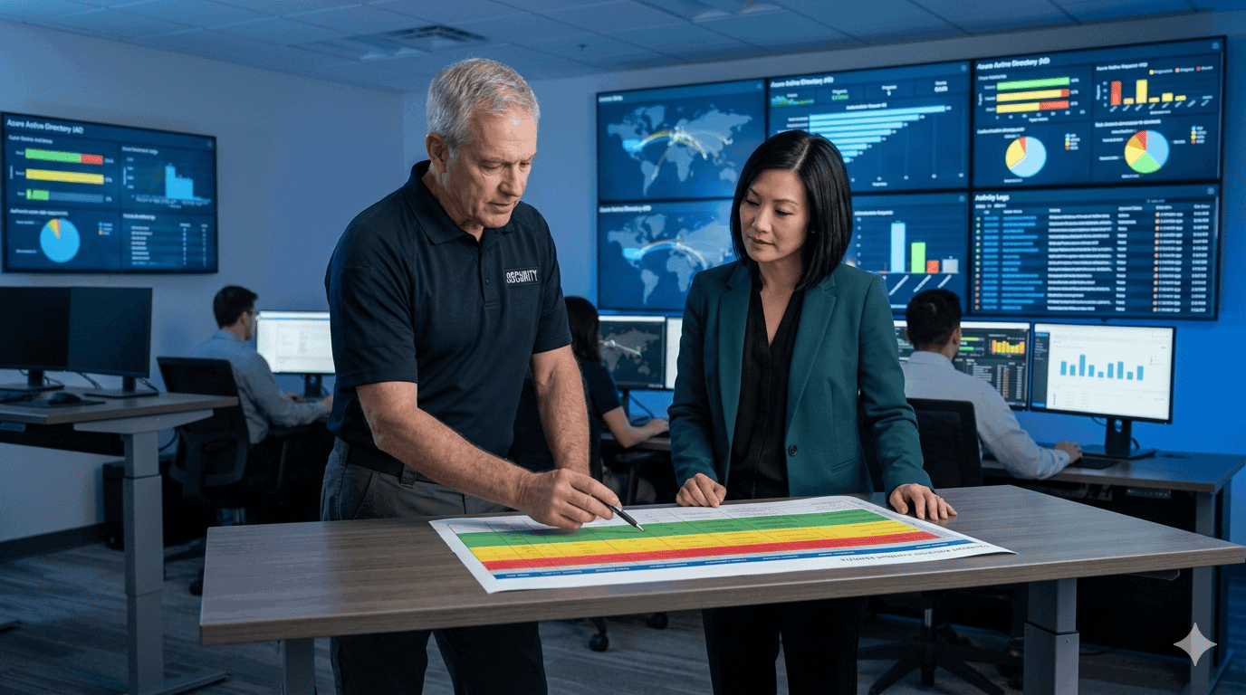 Data Security and Risk Management for Embedded Teams | i3solutions Team discussing data security and risk management strategies in a high-tech control room.