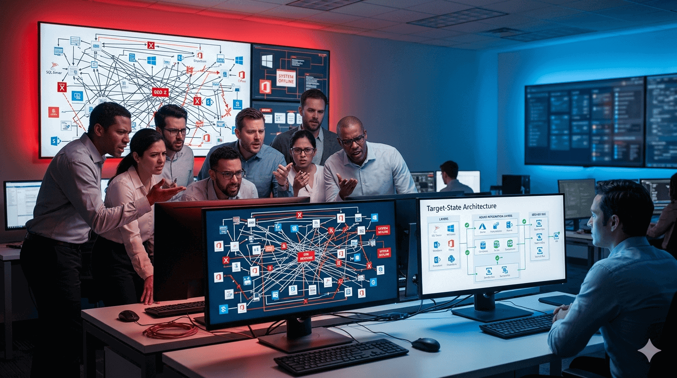 Team analyzing complex IT network and system integration issues in a corporate setting.