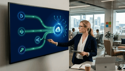 Businesswoman interacting with AI-powered digital integration dashboard in modern office.