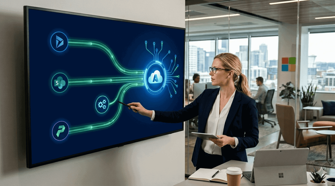 AI-Driven Business Integration | i3solutions Businesswoman interacting with AI-powered digital integration dashboard in modern office.
