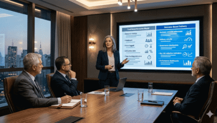 Business meeting discussing staff augmentation and strategic delivery models at a corporate conferen.