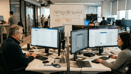 SharePoint and Power Platform Integration in Enterprises | i3solutions Business professionals working on SharePoint and Power Platform integration in a modern office.