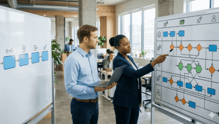 Business Process Automation Experts | i3solutions Business professionals analyzing workflow automation charts in a modern office.