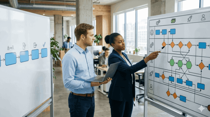 Business professionals analyzing workflow automation charts in a modern office.