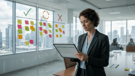 Workflow Automation for IT Leaders | i3solutions Businesswoman reviewing workflow automation decision framework in modern office.